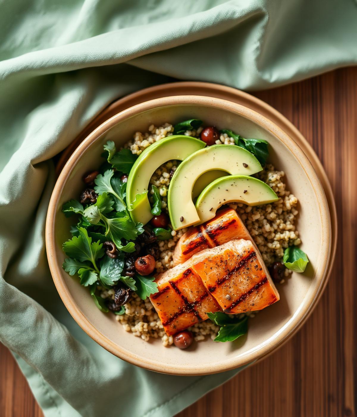 Prato equilibrado com salmão grelhado, quinoa e abacate